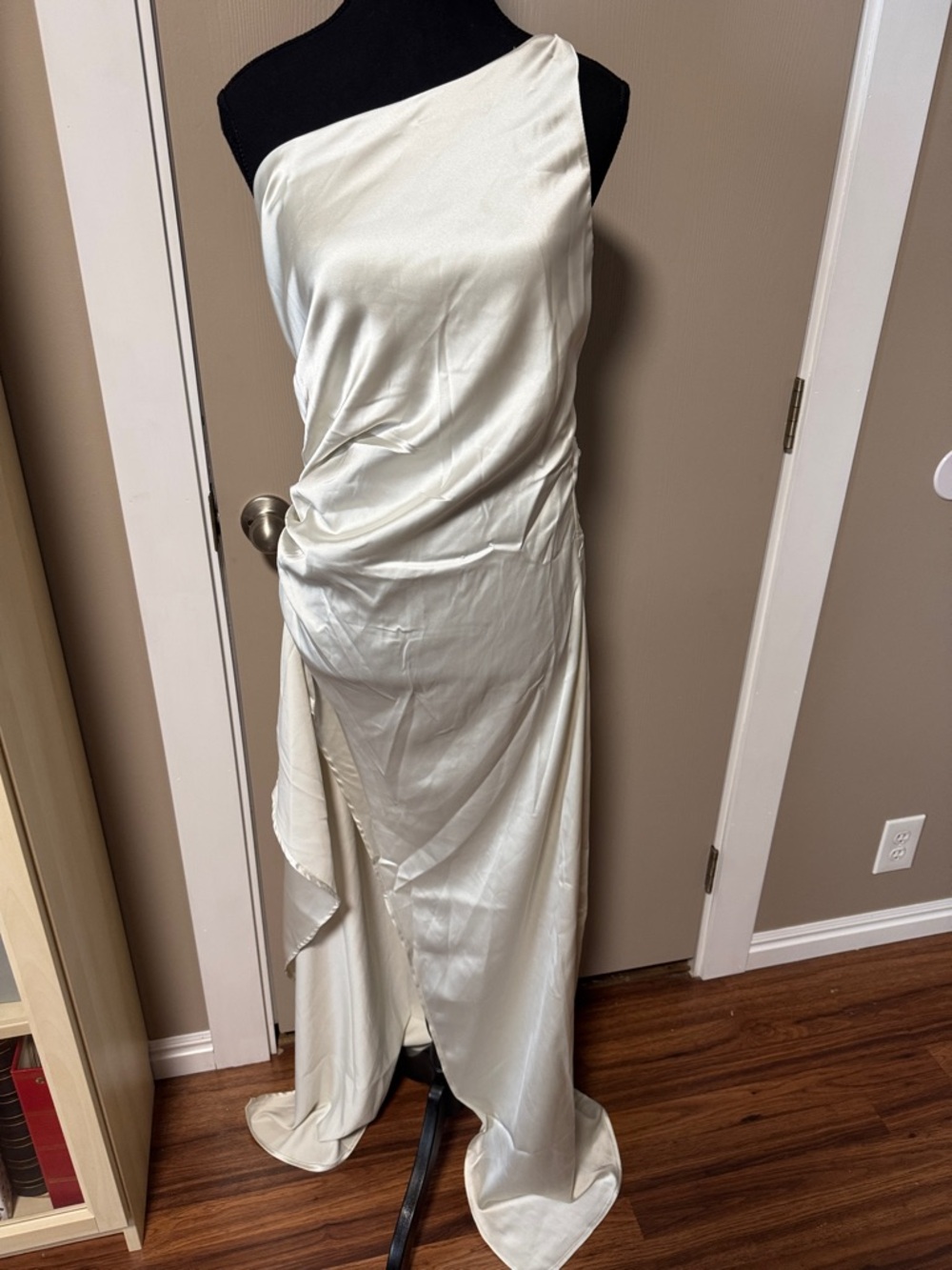 Fashion Nova One-Shoulder Ivory Satin Draped Gown